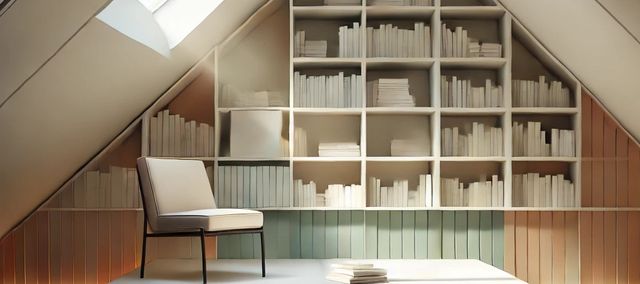 Rendering of a comfortable reading nook in an attic full of books.